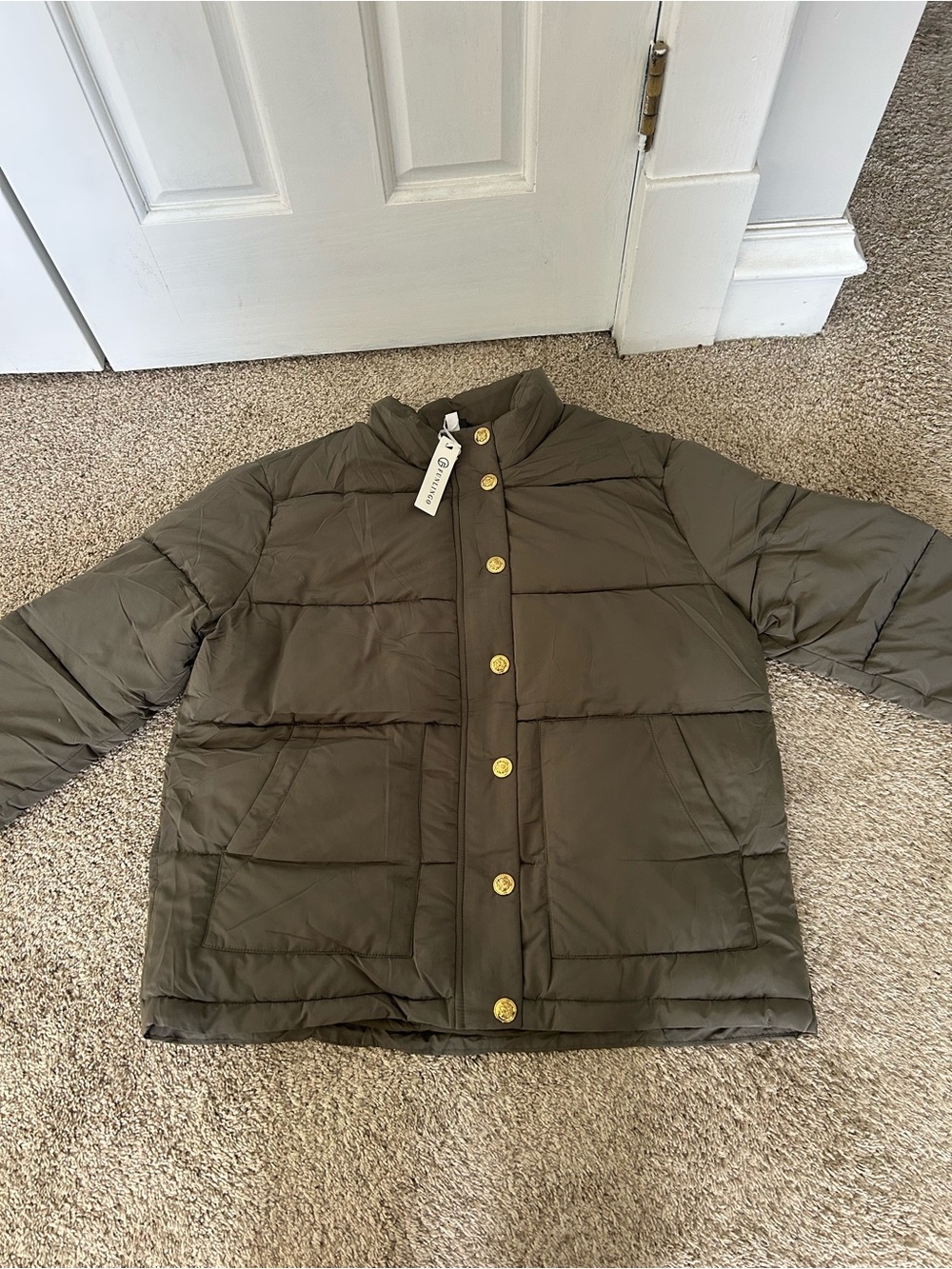 Source Unknown Olive Green Puffer Jacket with Gold Buttons
